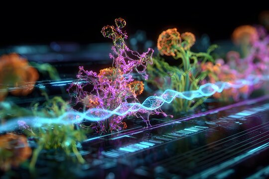 Abstract genetic research with glowing DNA strand and cellular structures.