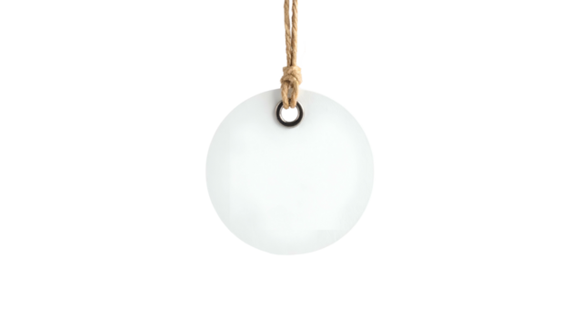 White circular tag, hanging by a tan rope, against a black background
