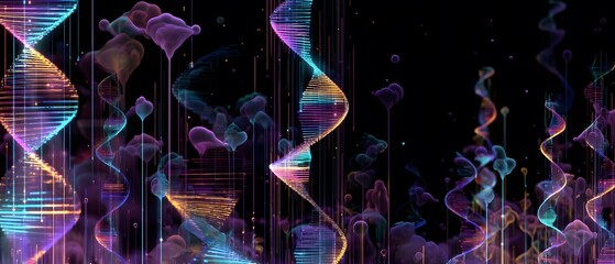Abstract glowing DNA strands and heart shapes float in a dark, starry void.