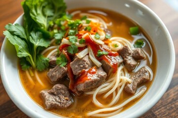 Vietnamese phở bowl with tender beef slices, rice noodles, and a rich aromatic broth, garnished with fried shallots and a drizzle of hoisin sauce, arranged with fresh herbs like cilantro and Thai basi