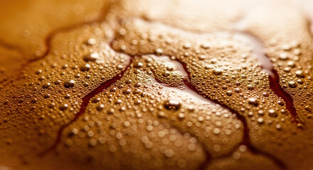 Macro Close-up of Coffee Foam Bubbles and Liquid Stream