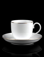 Elegant white teacup and saucer with gold trim against black
