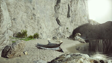 Soft sand stretches along the shore as smooth rocks rise from clear water. Lush greenery adds a touch of life, while a warm sun casts a serene glow over the peaceful landscape.