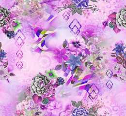 Floral Background Color Pattern Image Cute Graphics Digital Vintage Colour.Tropical seamless pattern background with exotic flowers, palm leaves, jungle leaf, hibiscus, orchid flower