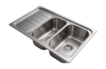 A stainless steel corner double bowl sink with an integrated drainboard for small kitchens.