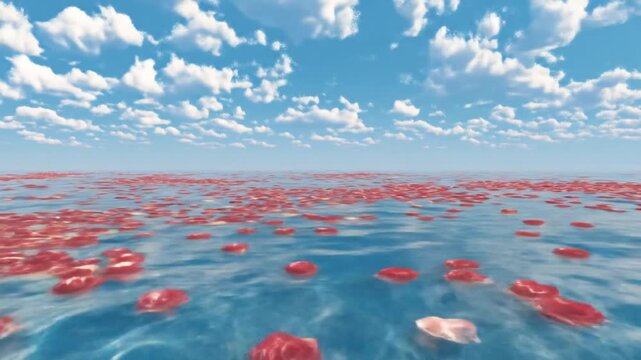Abstract 3 d rendering of floating red objects on water under a blue sky