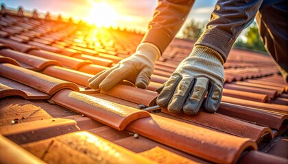 Roofing Repair A Worker Fixing Tiles with Care. Professional roofer's gloved hands working on a traditional terracotta tile roof. Construction and Home Improvement Concept
