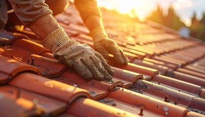 Roofing Repair A Worker Fixing Tiles with Care. Professional roofer's gloved hands working on a traditional terracotta tile roof. Construction and Home Improvement Concept