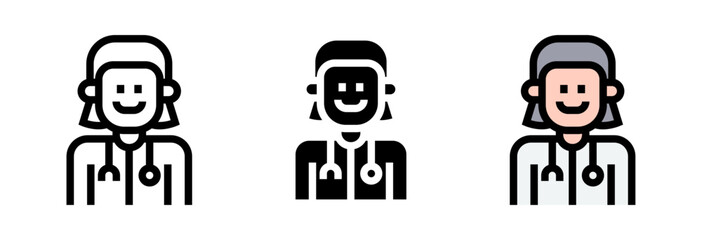 Conjunto de iconos de doctora. Salud, medicina, atención, médico profesional. Ilustración vectorial