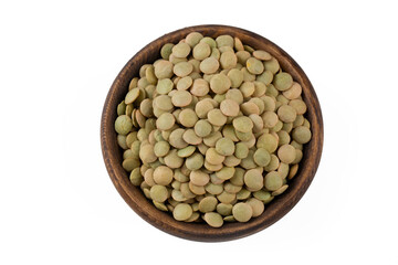 Dried green lentil on the white background