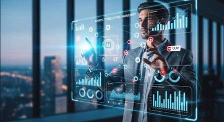 A man in a suit interacting with a virtual interface in a modern office setting.