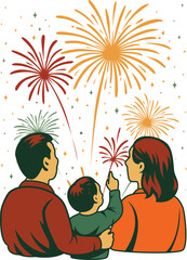 family see firewok activity retro vintage illustration design