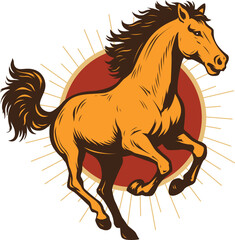 Horse and Red Sun retro vintage logo illustration design
