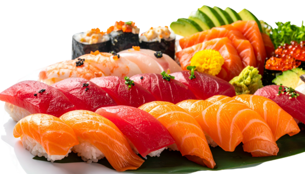 A delicious platter showcases a variety of sushi and sashimi, beautifully arranged - Powered by Adobe