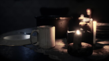 Candlelight flickers softly around a small table set for an evening gathering. A steaming mug rests beside glowing candles and a pot, creating a warm, inviting atmosphere perfect for relaxation.