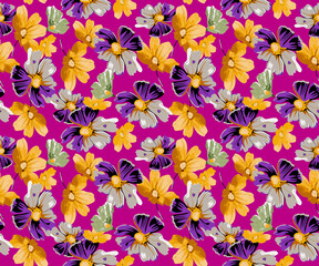 Floral Background Color Pattern Image Cute Graphics Digital Vintage Colour.Tropical seamless pattern background with exotic flowers, palm leaves, jungle leaf, hibiscus, orchid flower