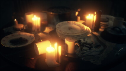 A rustic table is adorned with elegant plates and cups, surrounded by flickering candlelight. The warm glow enhances the cozy ambiance, perfect for an intimate gathering at night.