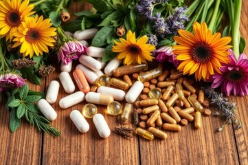 Various Dietary Supplements on Wooden Table