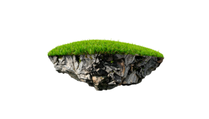 Floating island of stone, topped with vibrant green grass, isolated on black