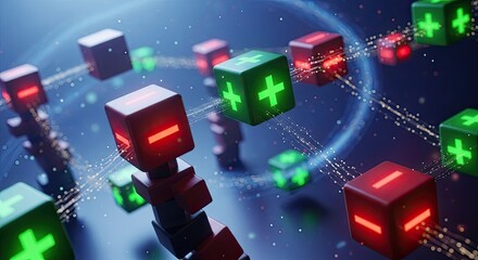 Abstract Concept of Plus and Minus Signs Connecting with Digital Lines