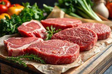 Fototapeta premium Fresh Raw Beef Cuts on Butcher Block