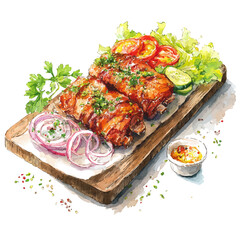 Ribs Kebab Set With Vegetables, watercolor vector, isolated on a white background.