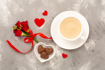 Morning breakfast for Valentines day on concrete background, top view