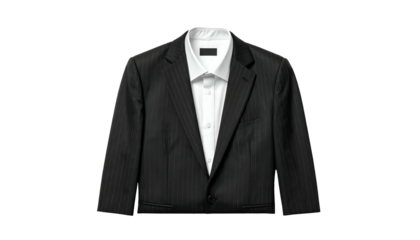 A black pinstripe suit jacket over a white dress shirt, centered against a black backdrop