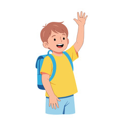 A young boy in a yellow shirt and blue shorts, with a blue backpack, waves his hand while standing, isolated on a white background, representing childhood and school days