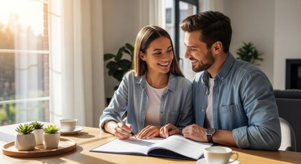 A couple sitting at a table, smiling and writing in a notebook.