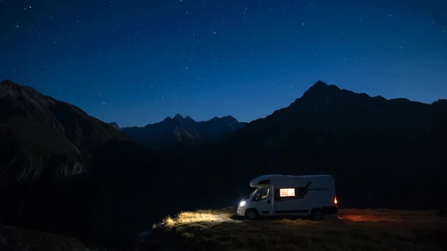 Camper van parked in a beautiful mountain landscape under starry night sky at twilight for a mobile travel concept video