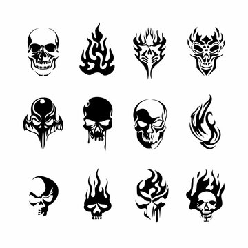 Set of Diverse Stylized Skull and Flame Tattoo Designs - Vector Graphic Collection of Tribal and Gothic Art Elements