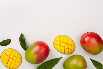 Flat lay with mango on color background, top view