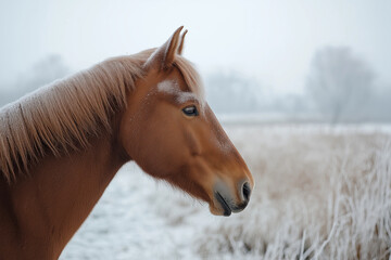 Chestnut horse standing in snowy field during winter season