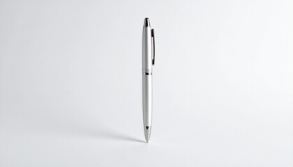 Fototapeta premium A sleek pen stands upright on a plain white background with subtle shadow