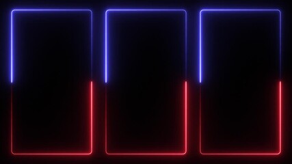 three bright blue and red neon vertical frames on a black background for graphic design, advertisement, branding, trailers, intro, outro. - Powered by Adobe