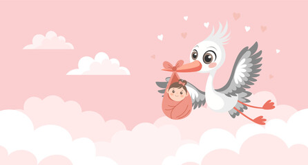 Baby shower banner with stork carrying cute baby in bag for greeting card, girl birthday party.
