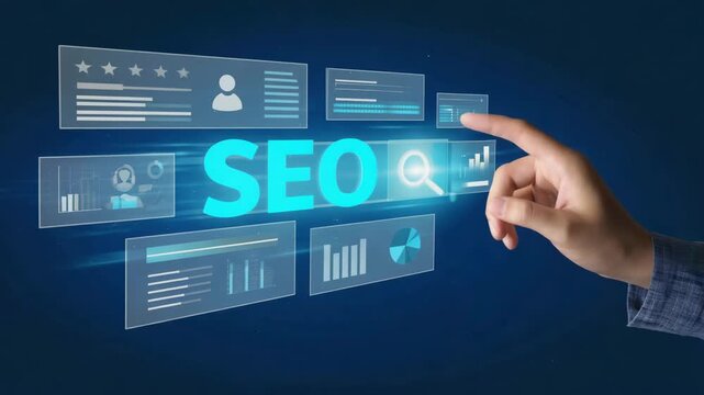 SEO Interface with Hand Touching Virtual Search Icons, Digital Marketing Analytics Optimization