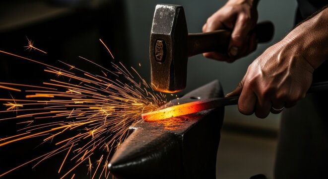 A blacksmith using a hammer to forge a metal object on an anvil with sparks flying.