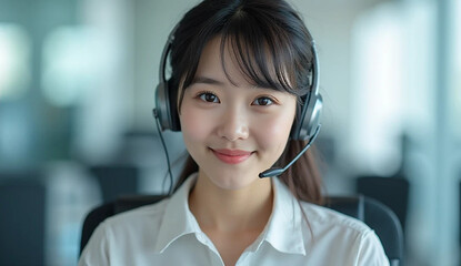 ビジネスシーン：ヘッドホンを付けたコールセンターの若くて美しい女性会社員