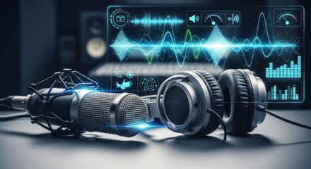 Headphones and microphone in a recording studio with digital audio interface and waveforms in the background.