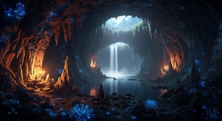 Mysterious cave interior with waterfall and bioluminescent elements