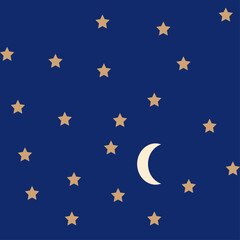 Moon and stars on night blue background Seamless pattern Vector illustration