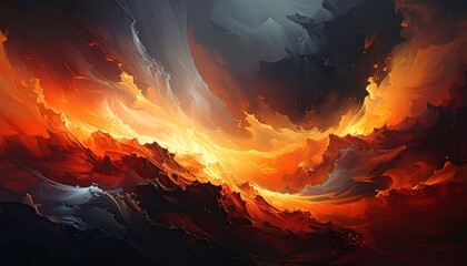 Abstract, fiery, and turbulent scene. A dynamic composition with swirling, incandescent hues of orange, yellow, and deep red contrasting against a dark, moody background