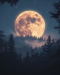 Fototapeta premium Full Moon and Silhouette Trees