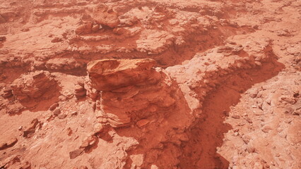 A barren and rocky terrain with red stones and dust sprawls across the surface, resembling the surface of Mars. The landscape shows intricate formations and a mystical ambiance.