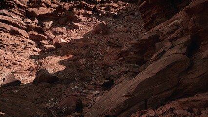 Sunlight casts shadows on rugged red rocks, revealing the texture and layers of the canyon. The warm tones create a striking scene in this natural landscape full of geological history.