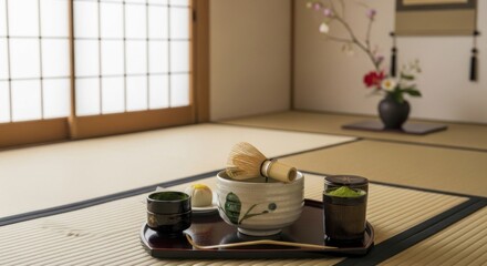 A traditional Japanese tea ceremony setup with a white and brown mat, a wooden door, and a vase with flowers.