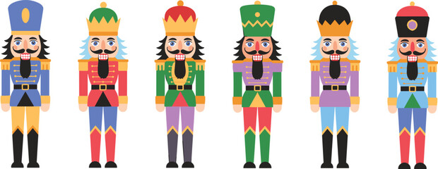 Colorful Nutcracker Soldier Set – Festive Vector Characters in Uniforms and Hats for Christmas Decoration, Holiday Crafts, and Seasonal Design