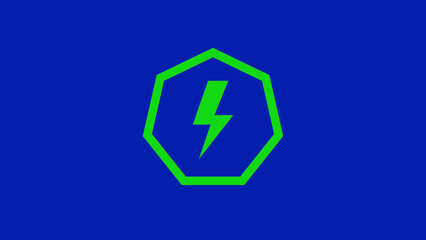 Vibrant neon green lightning bolt symbol inside a geometric hexagon shape on a deep blue background
